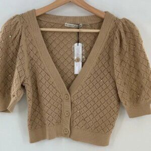 NWT Alice + Olivia Romi Cropped Embellished Pointelle-Knit Cardigan Sand Size S